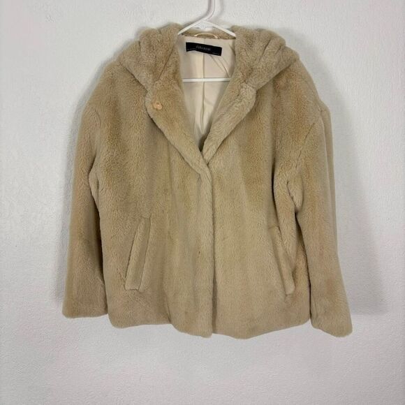 Zara Tan Faux Fur Hooded Button Front Jacket Women's Size Small - Picture 1 of 7
